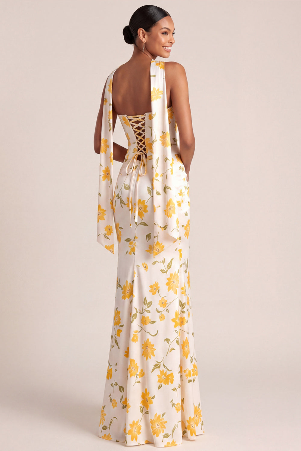 Light Yellow Mermaid Floral Basque Waist Maxi Wedding Guest Dress with Slit