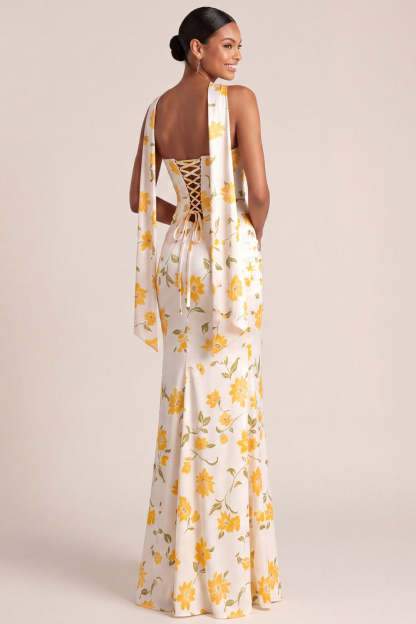Light Yellow Mermaid Floral Basque Waist Maxi Wedding Guest Dress with Slit
