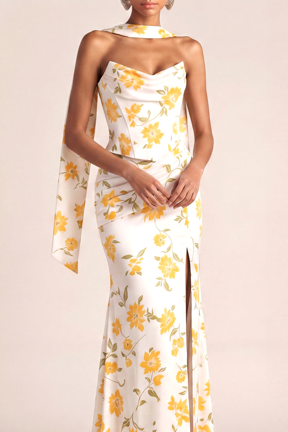 Light Yellow Mermaid Floral Basque Waist Maxi Wedding Guest Dress with Slit