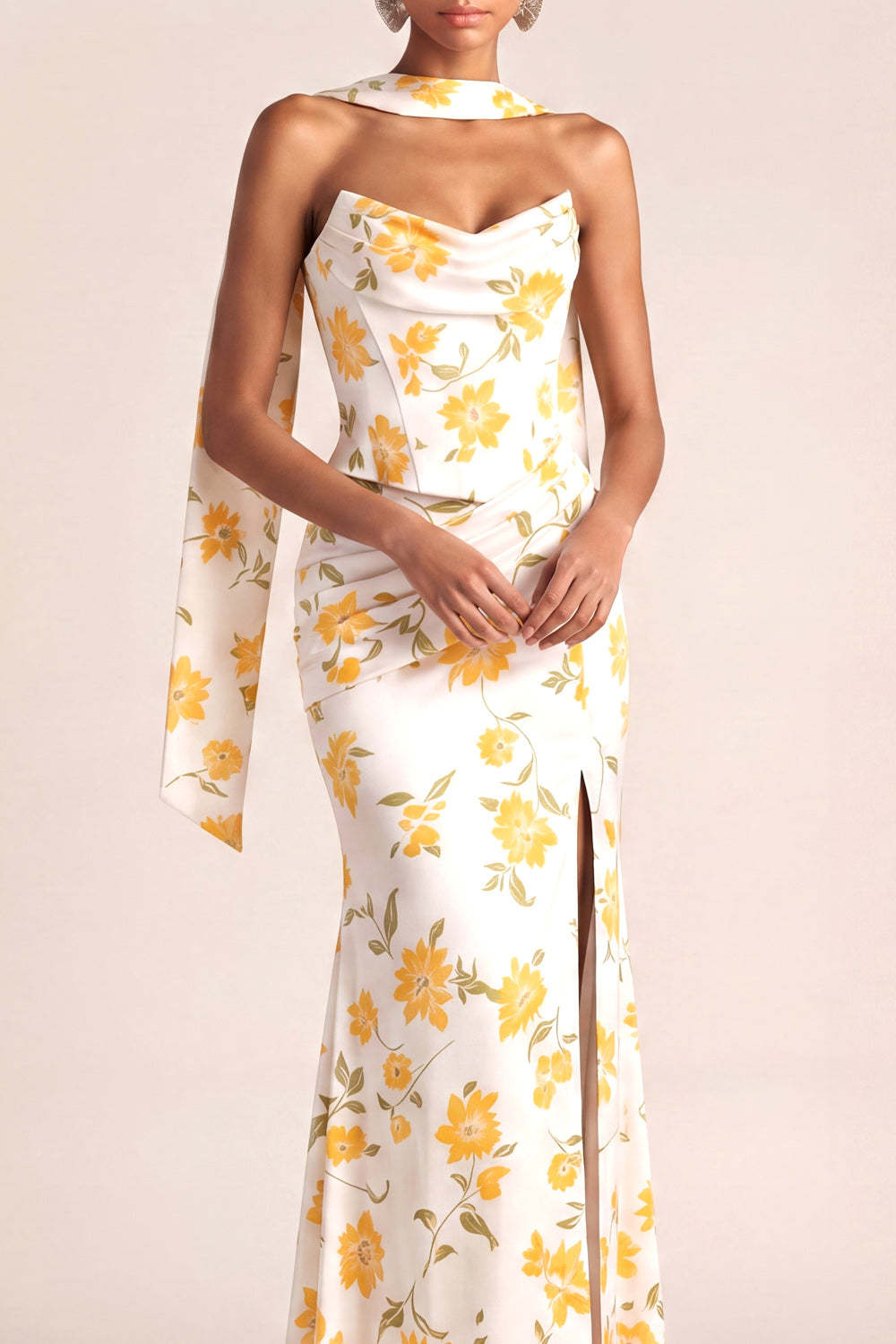 Light Yellow Mermaid Floral Basque Waist Maxi Wedding Guest Dress with Slit