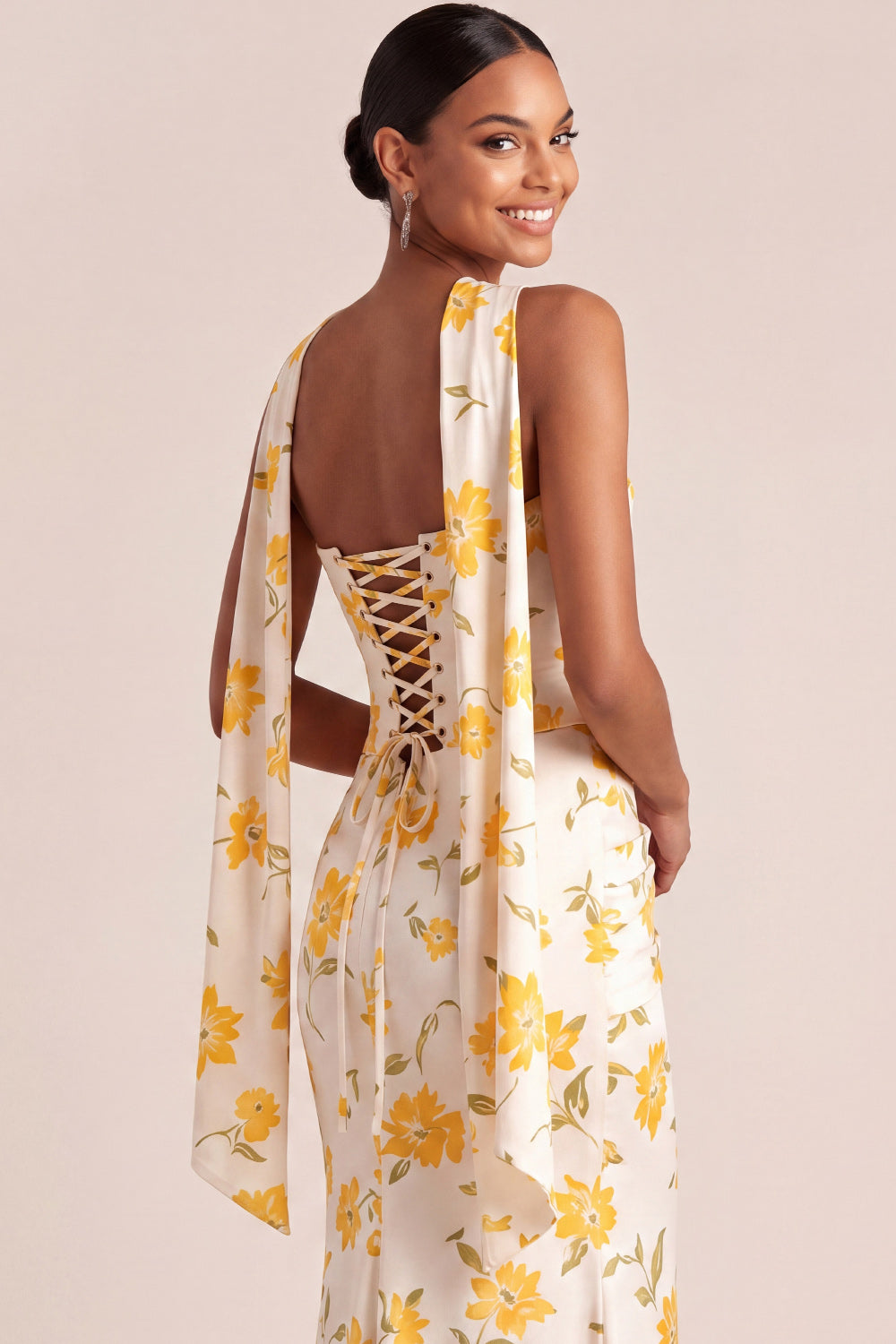Light Yellow Mermaid Floral Basque Waist Maxi Wedding Guest Dress with Slit