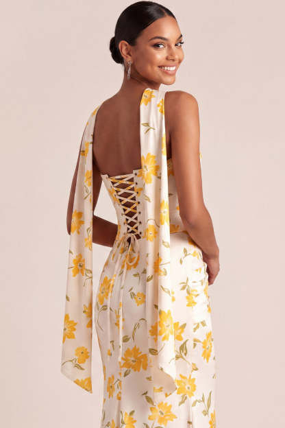 Light Yellow Mermaid Floral Basque Waist Maxi Wedding Guest Dress with Slit