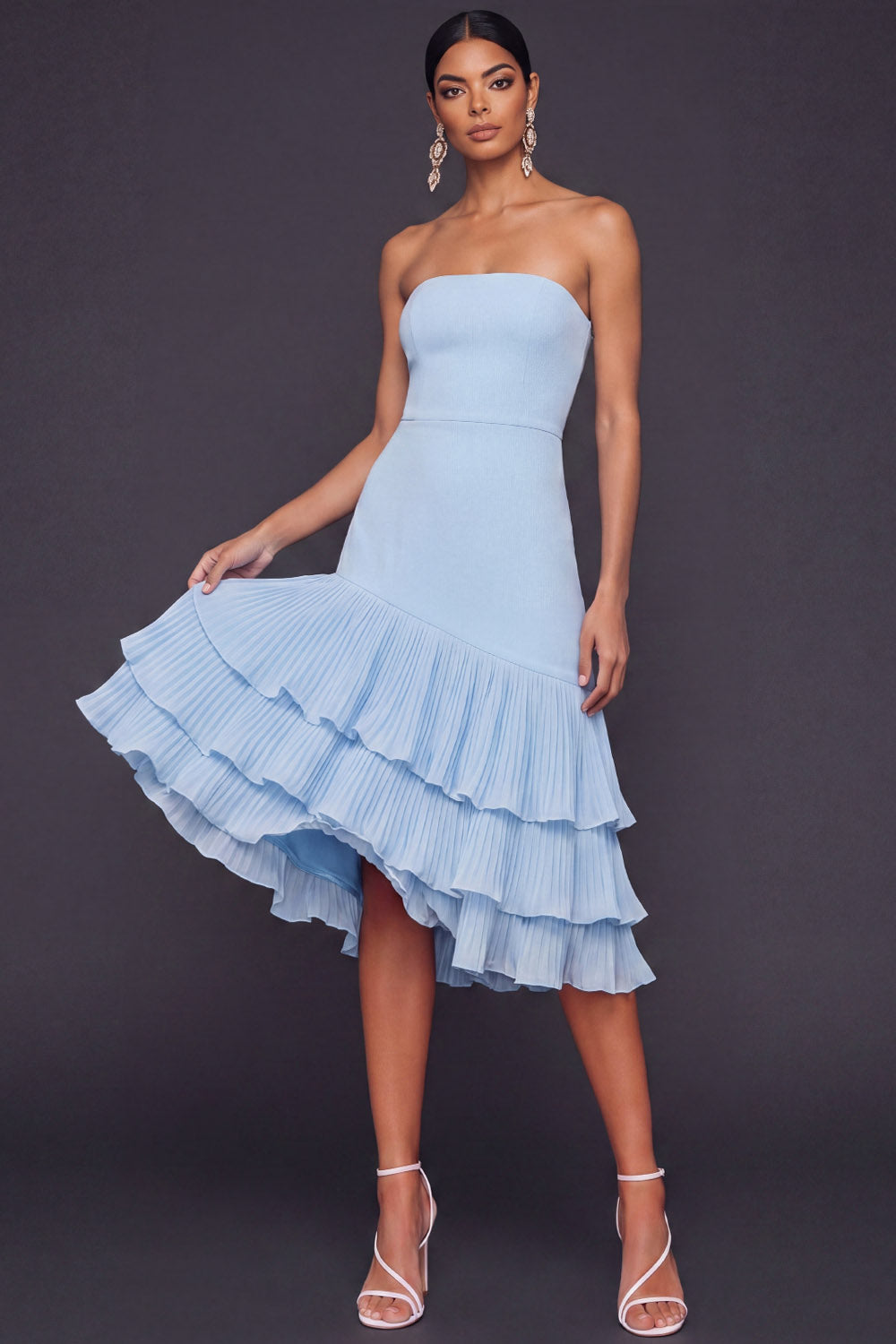 Light Blue Strapless Midi Tiered A Line Bridesmaid Dress