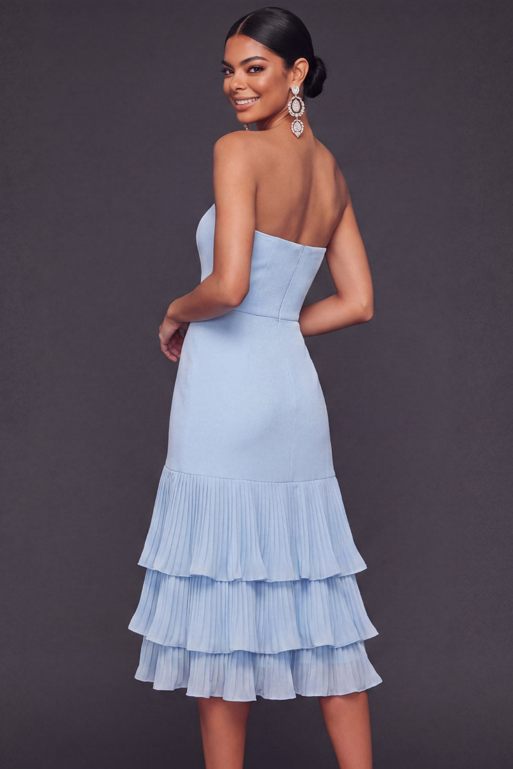 Light Blue Strapless Midi Tiered A Line Bridesmaid Dress