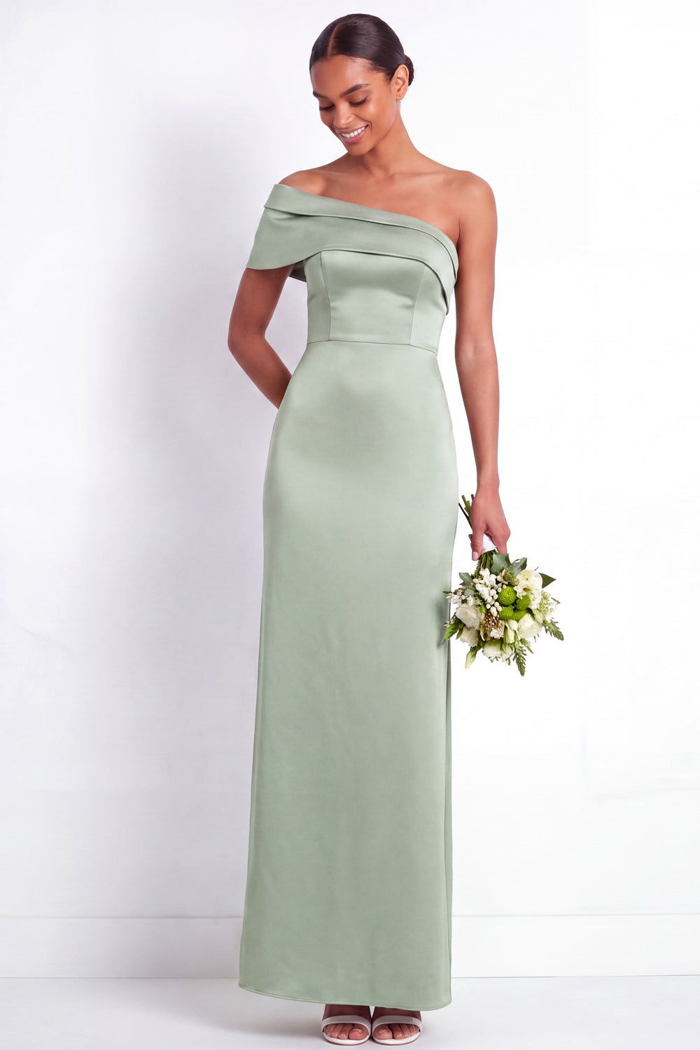 Dusty Sage Mermaid Satin One Shoulder Long Bridesmaid Dress with Back Slit