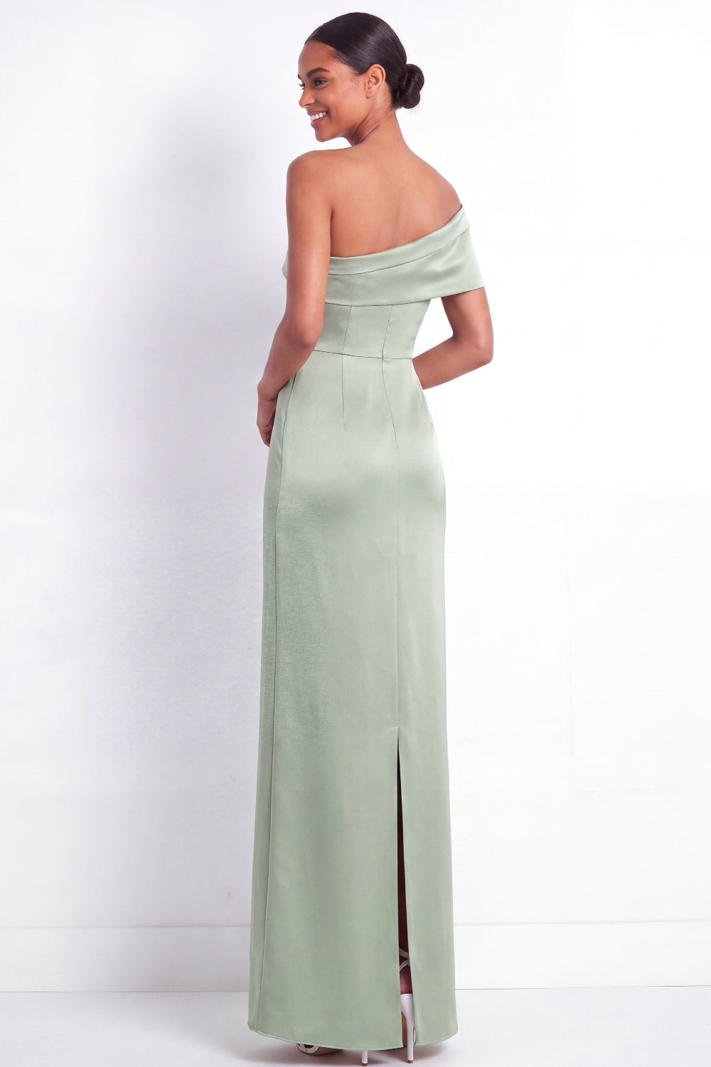 Dusty Sage Mermaid Satin One Shoulder Long Bridesmaid Dress with Back Slit