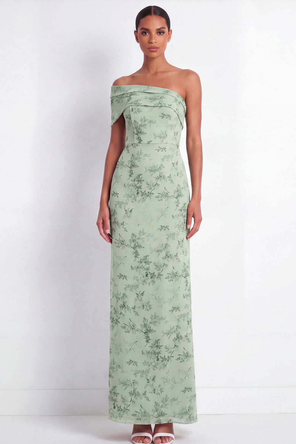 Dusty Sage Floral Sheath One Shoulder Long Bridesmaid Dress with Slit