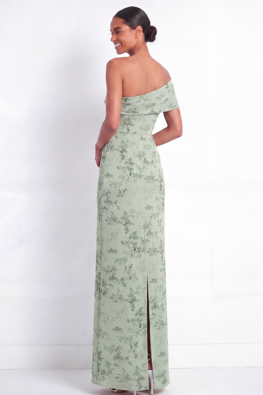 Dusty Sage Floral Sheath One Shoulder Long Bridesmaid Dress with Slit