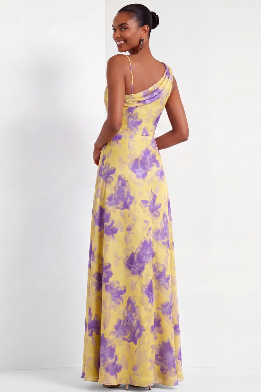 Yellow Floral A Line One Shoulder Long Bridesmaid Dress with Slit