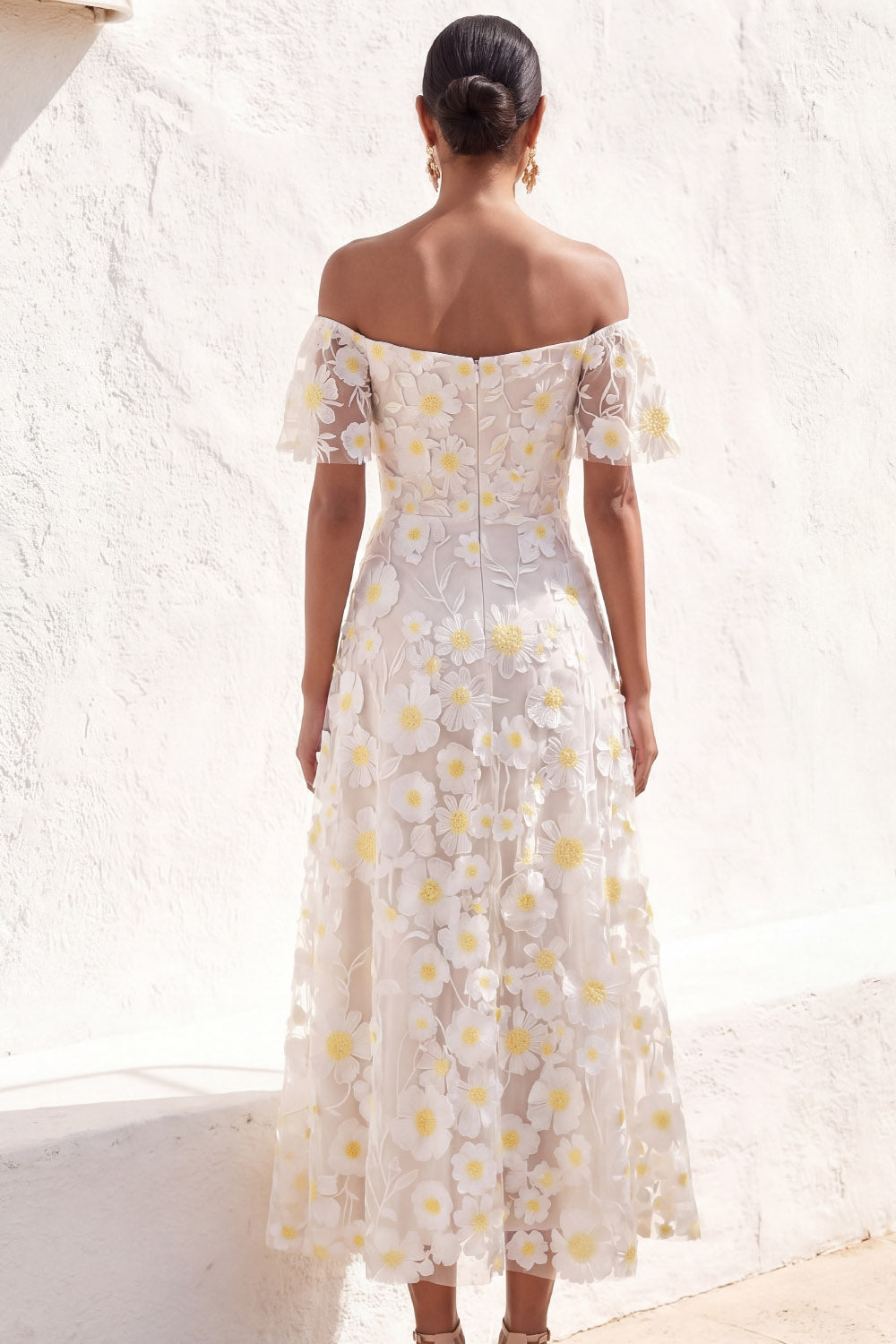 White A Line Floral Maxi Wedding Reception Dress with Sleeves