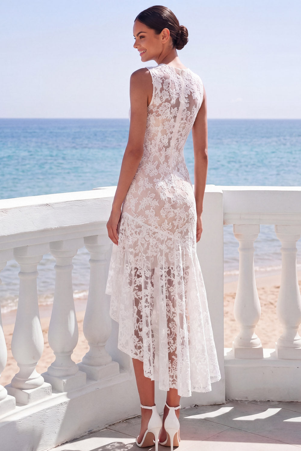 White Floral Ruffled High Low Engagement Dress