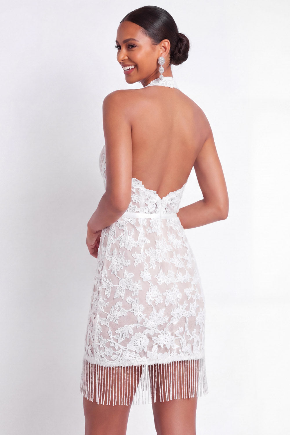 White Halter Neck Lace Short Bodycon Bridal Shower Dress with Tassels