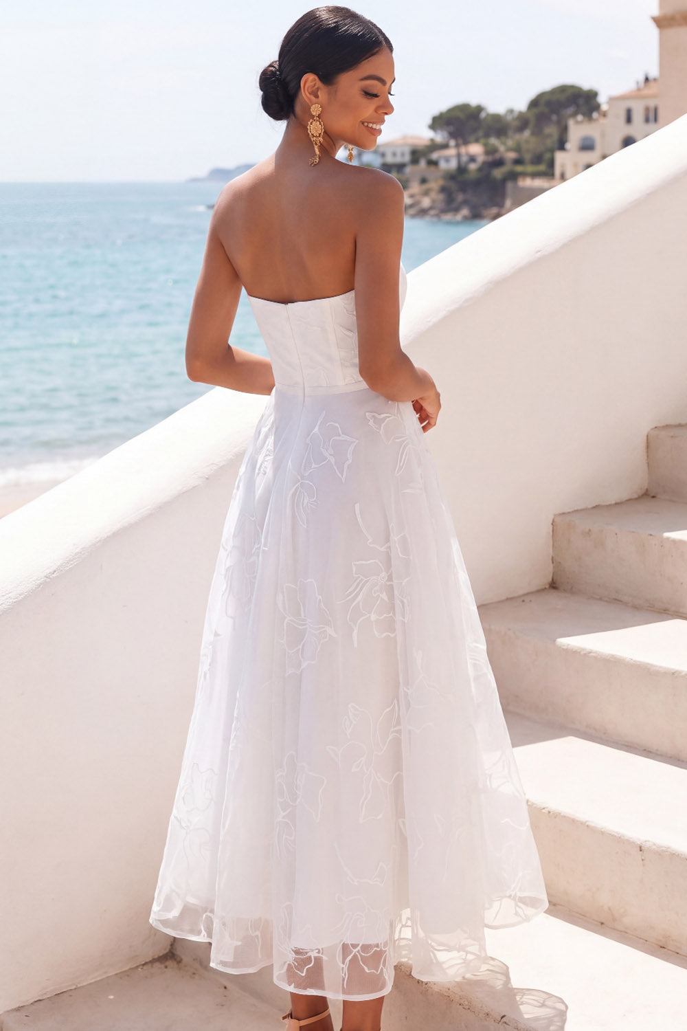 White Strapless A Line Floral Tulle Midi Wedding Reception Dress