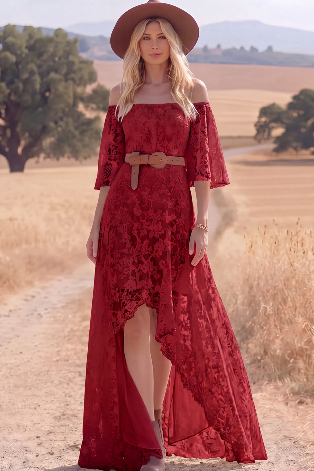 White Lace A Line High Low Half Sleeves Western Wedding Dress