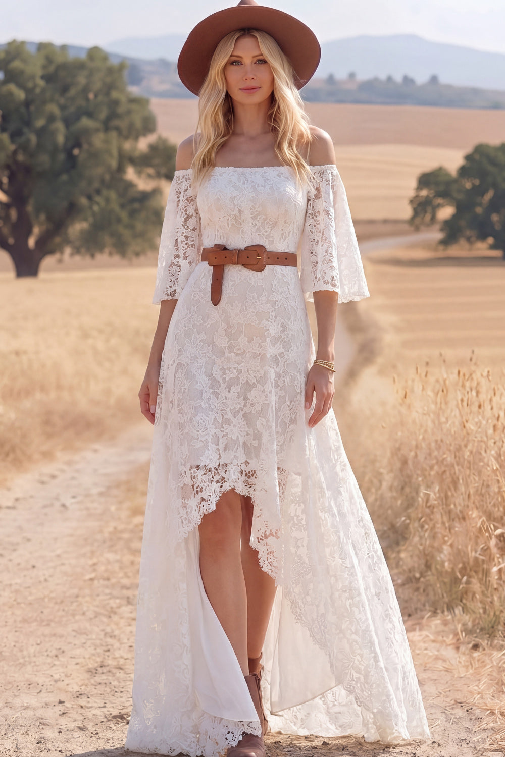 Leely Women White Lace A Line High Low Western Wedding Dress Off the Shoulder Half Sleeves Boho Bridal Dress Leely Women White Lace A Line High Low Western Wedding Dress Off the Shoulder Half Sleeves Boho Bridal Dress