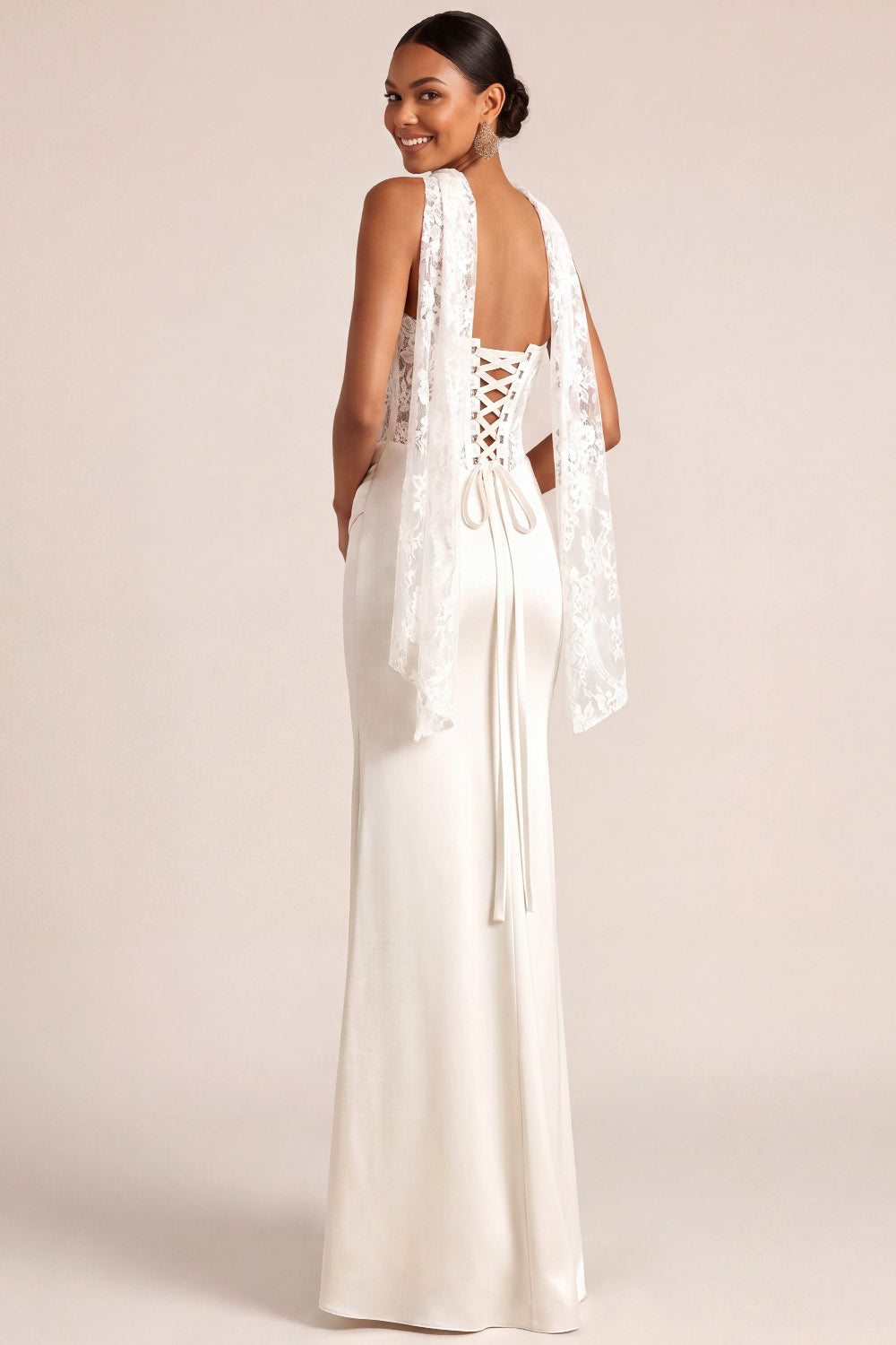 White Mermaid Maxi Corset Satin Basque Waist Wedding Reception Dress with Lace