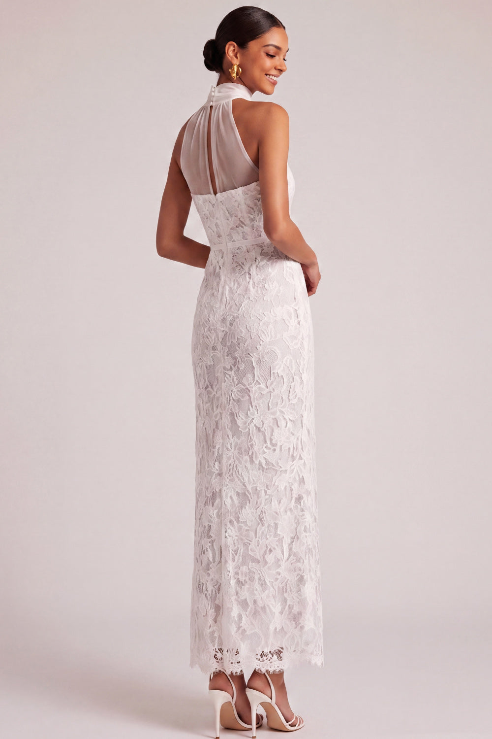 White Sheath High Neck Maxi Lace Wedding Reception Dress with Sash