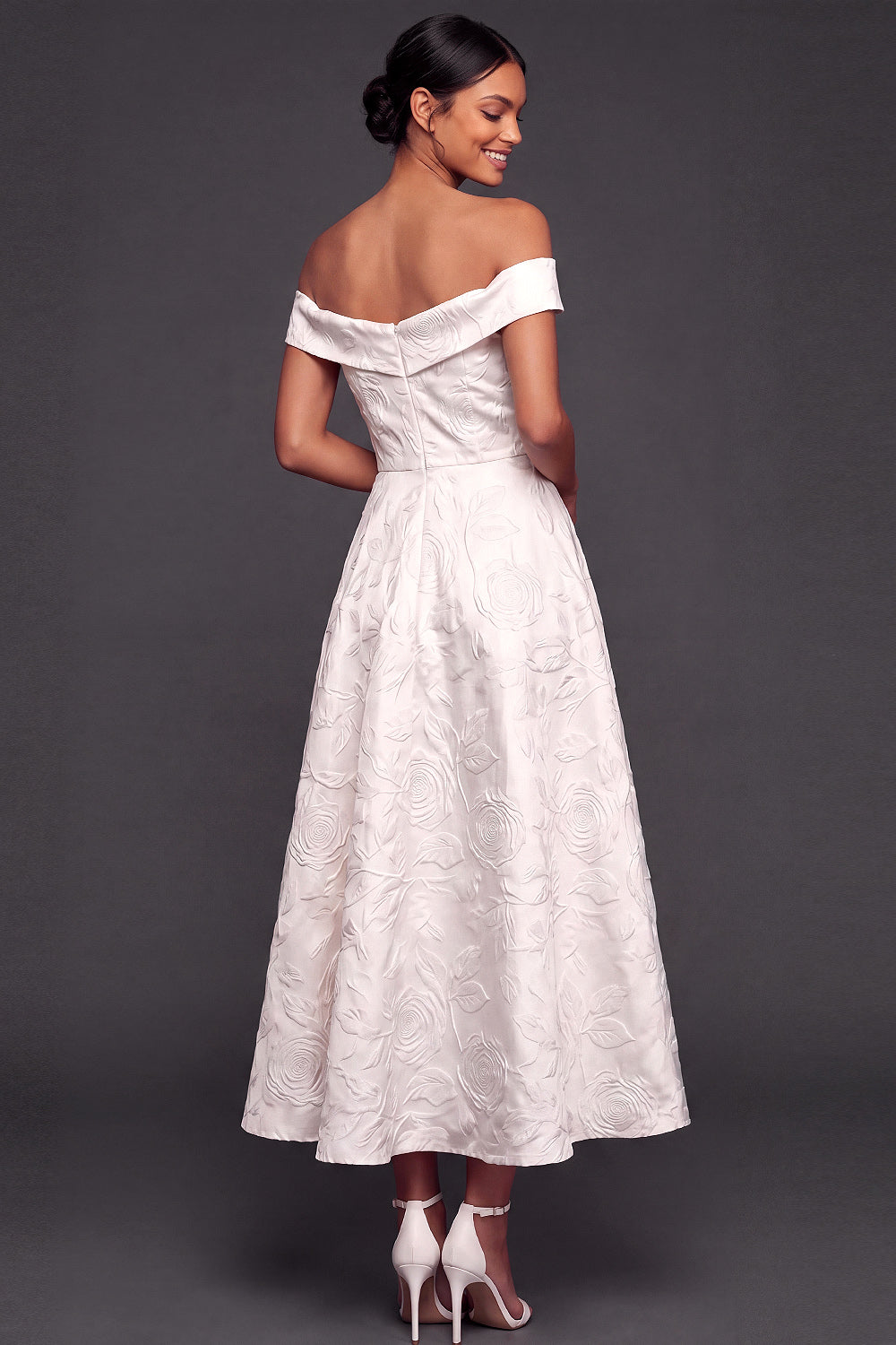 White A Line Jacquard Off the Shoulder Maxi Wedding Reception Dress with Slit