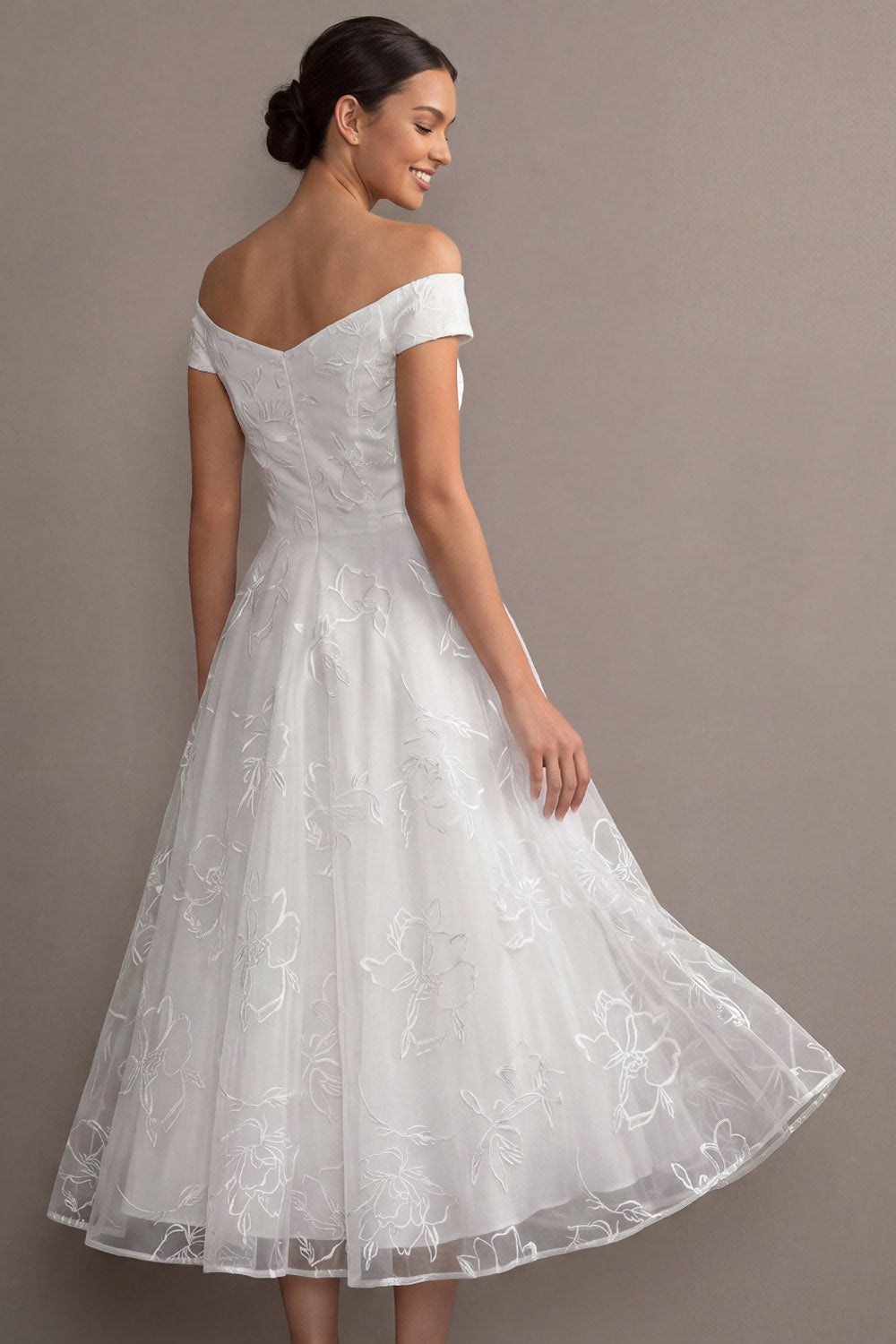 White A Line Off Shoulder Lace Embroidered Maxi Wedding Reception Dress