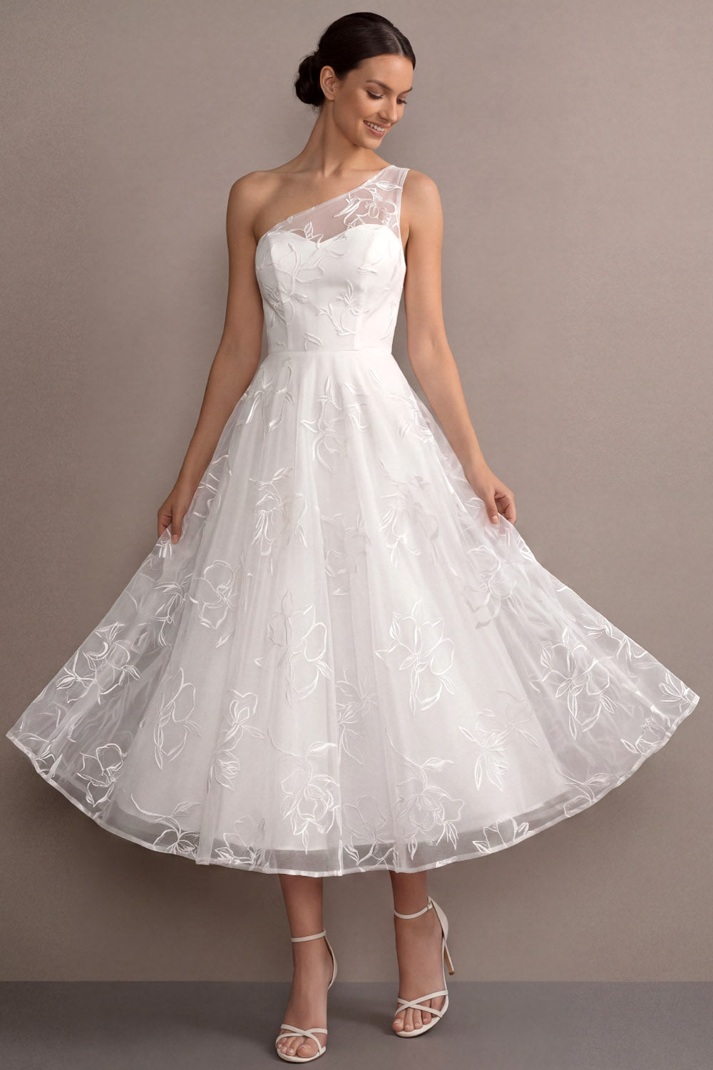White A Line One Shoulder Lace Embroidered Midi Wedding Reception Dress