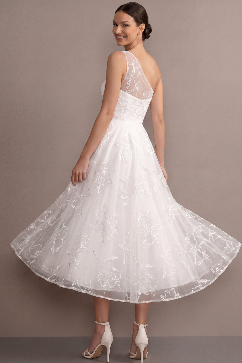 White A Line One Shoulder Lace Embroidered Midi Wedding Reception Dress