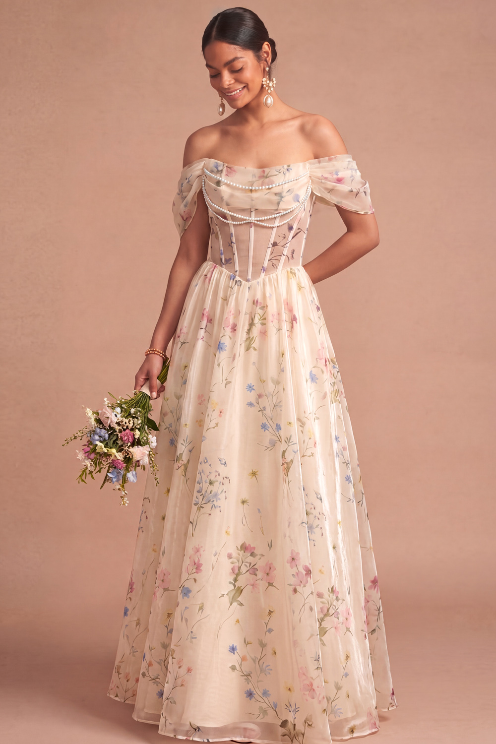 White Floral A Line Corset Long Wedding Reception Dress
