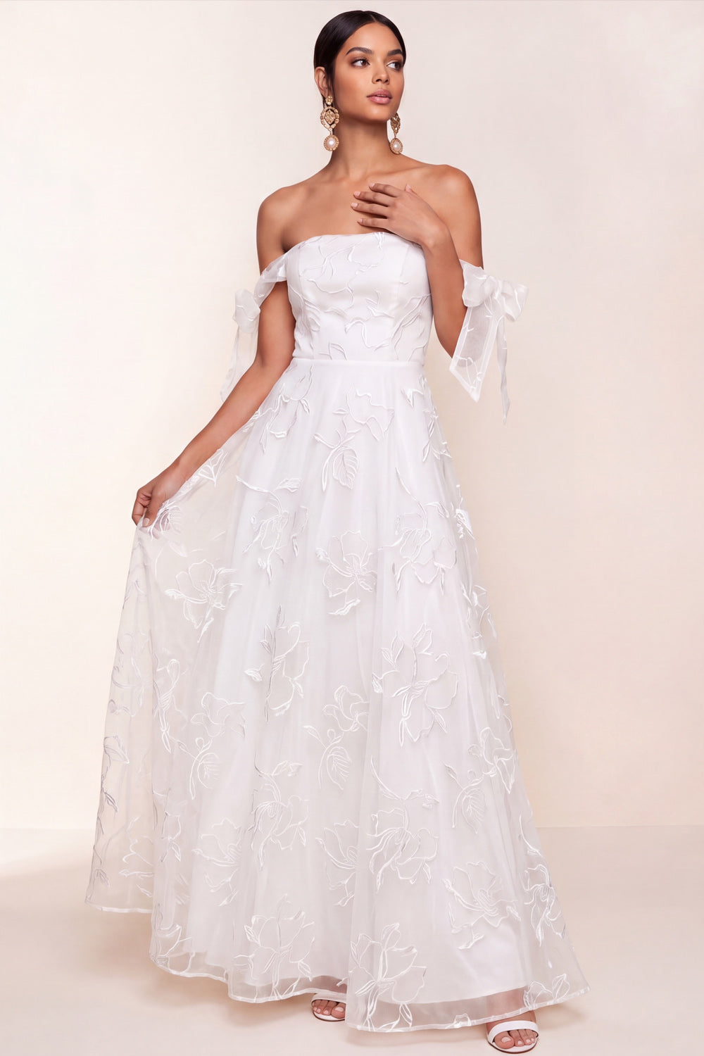 White A Line Floral Appliqued Long Wedding Reception Dress