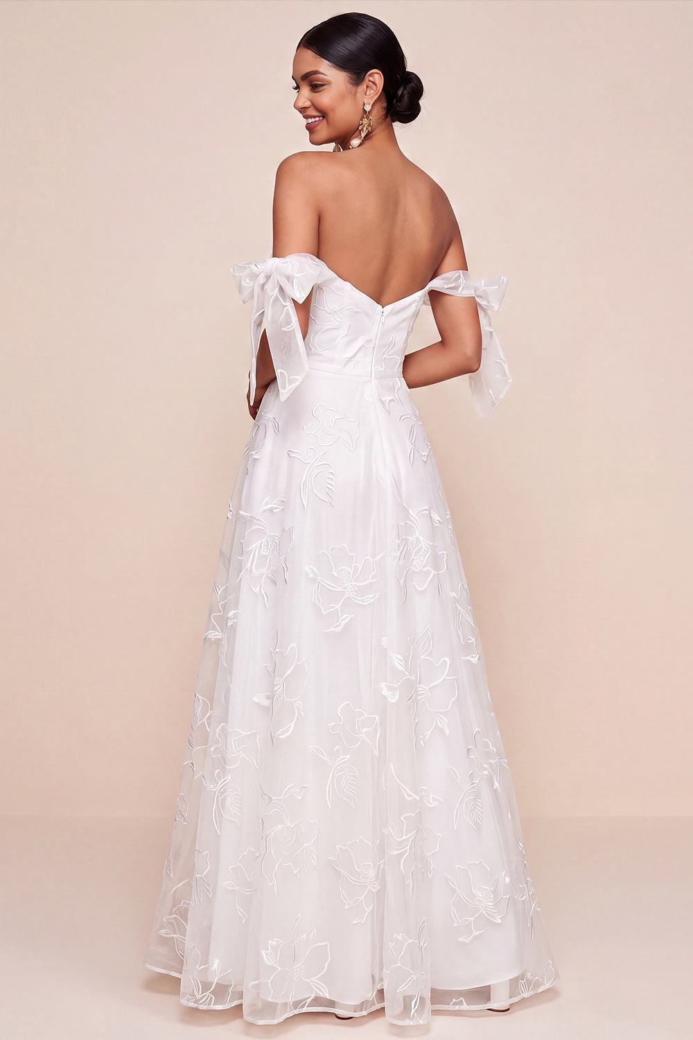 White A Line Floral Appliqued Long Wedding Reception Dress