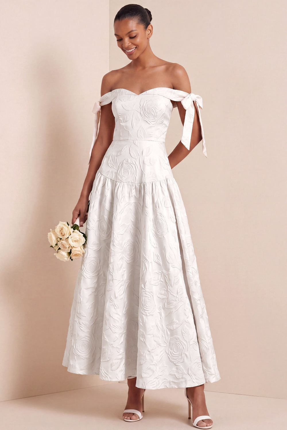 Jacquard White Floral A Line Long Wedding Reception Dress