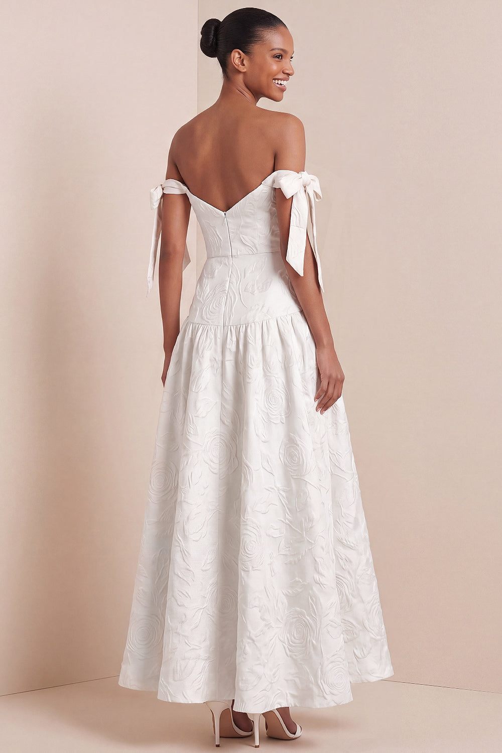 Jacquard White Floral A Line Long Wedding Reception Dress