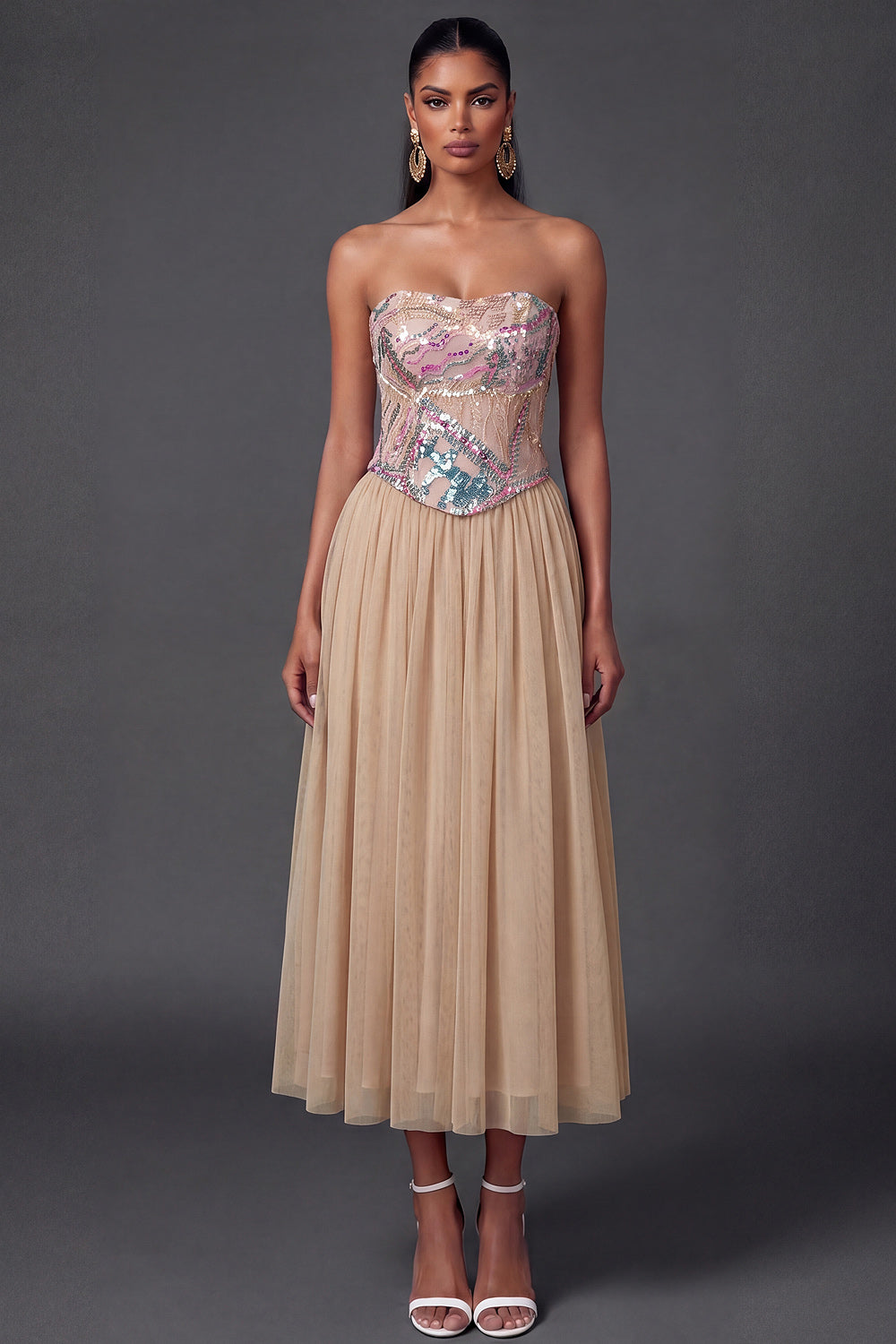 A Line Sparkly High Waist Champagne Long Wedding Guest Dress
