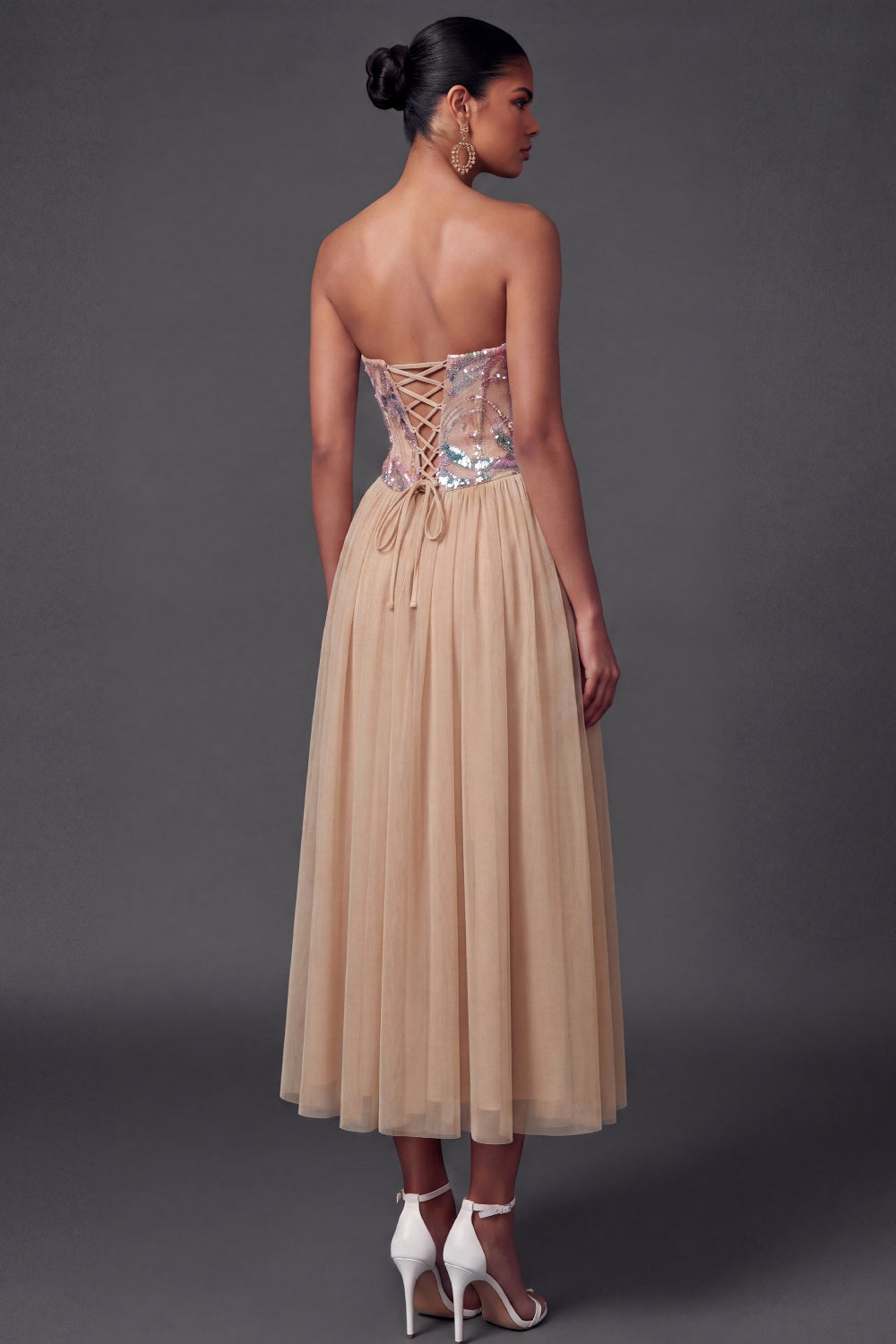 A Line Sparkly High Waist Champagne Long Wedding Guest Dress