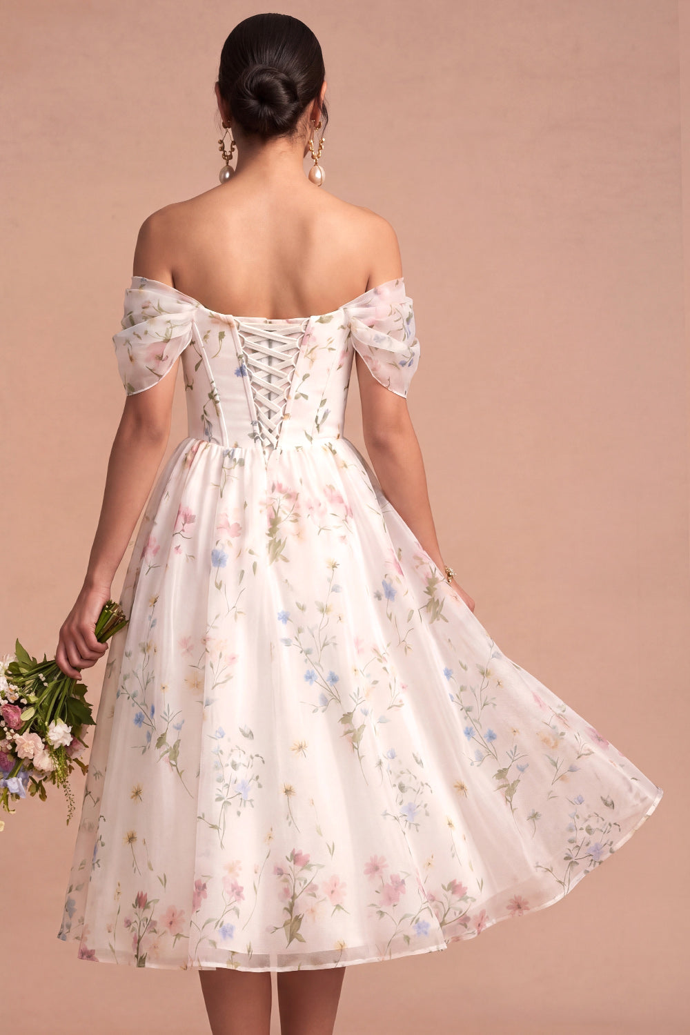White A Line Floral Corset Beaded Midi Wedding Reception Dress