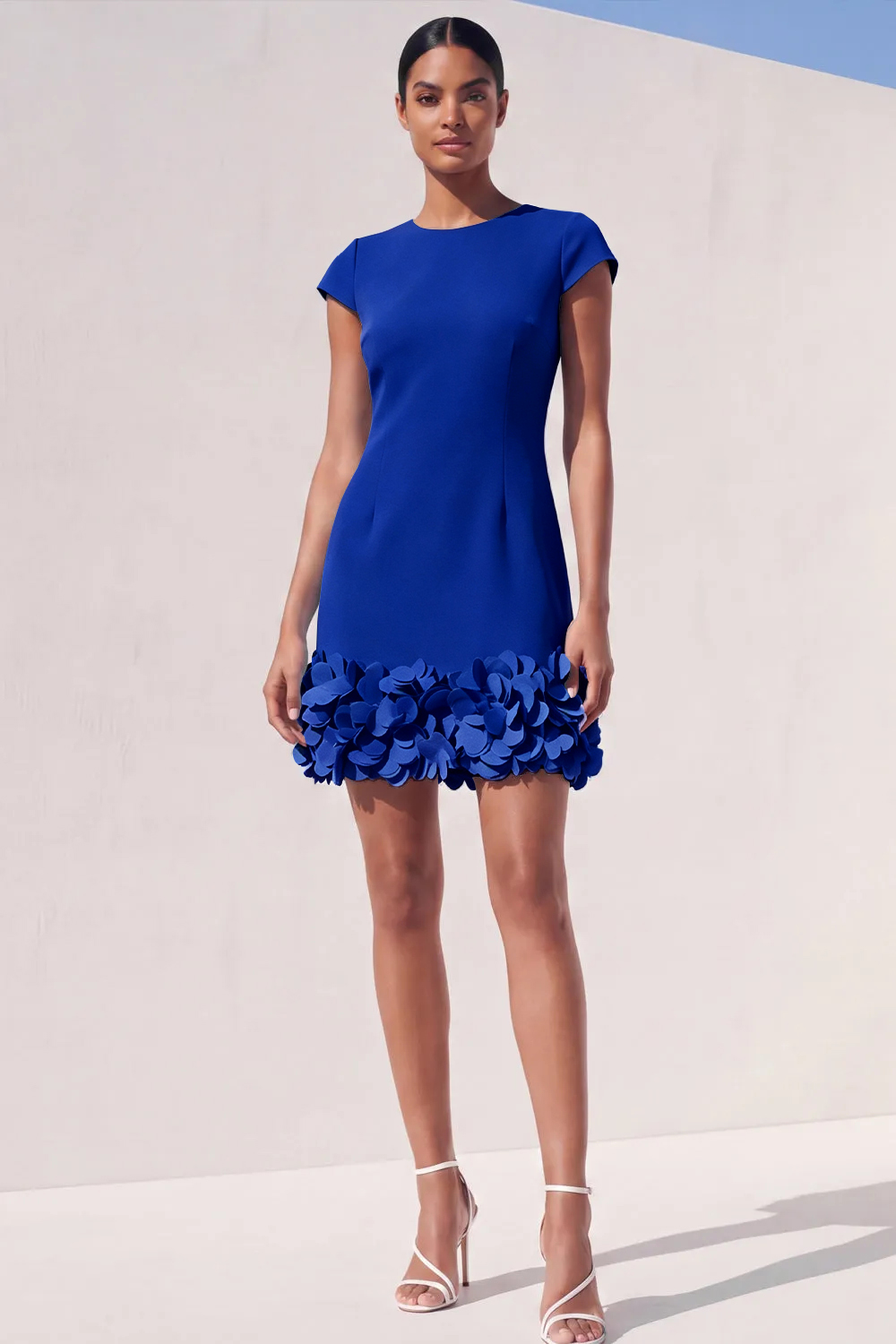 Blue Bodycon Cap Sleeves Short Appliqued Work Dress