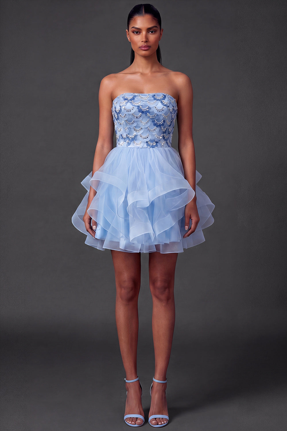 A Line Blue Floral Sparkly Sequined Short Homecoming Dress