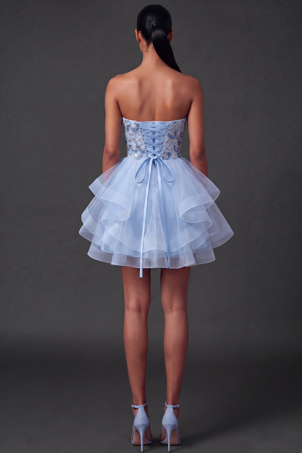 A Line Blue Floral Sparkly Sequined Short Homecoming Dress