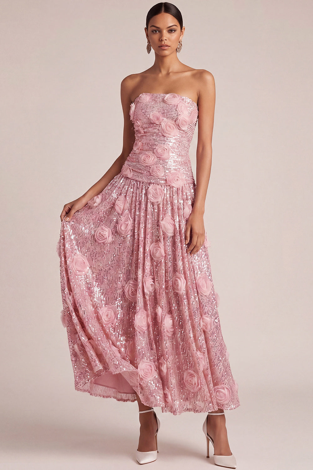 Pink Floral A Line Strapless Appliqued Long Formal Dress