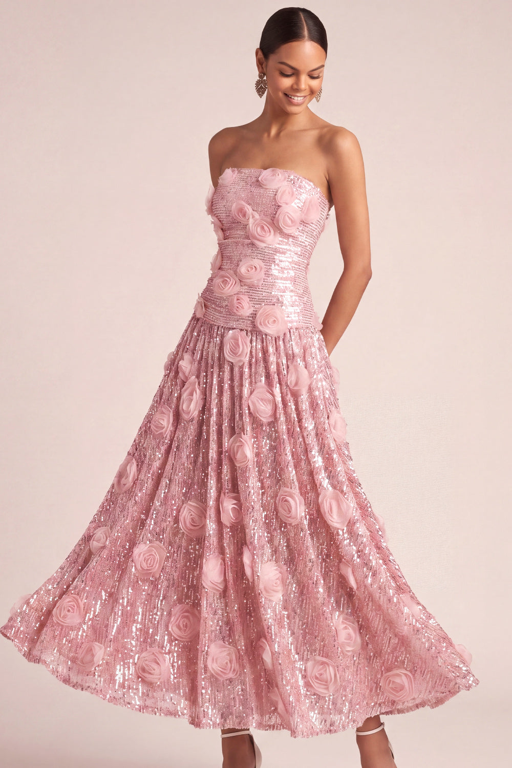 Pink Floral A Line Strapless Appliqued Long Formal Dress