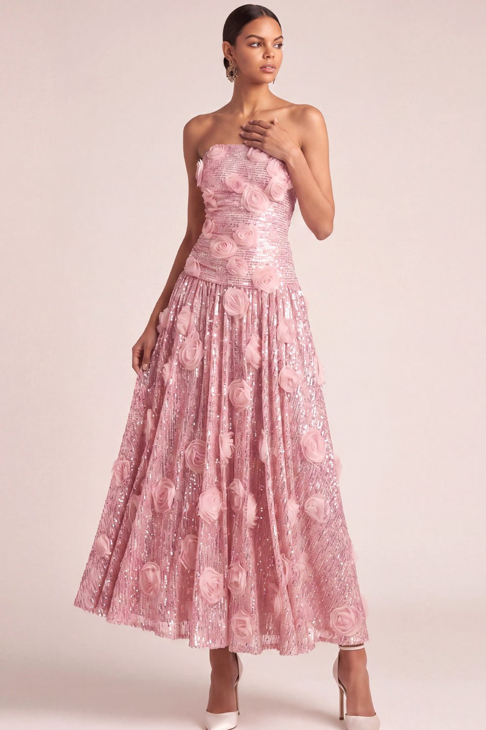 Pink Floral A Line Strapless Appliqued Long Formal Dress