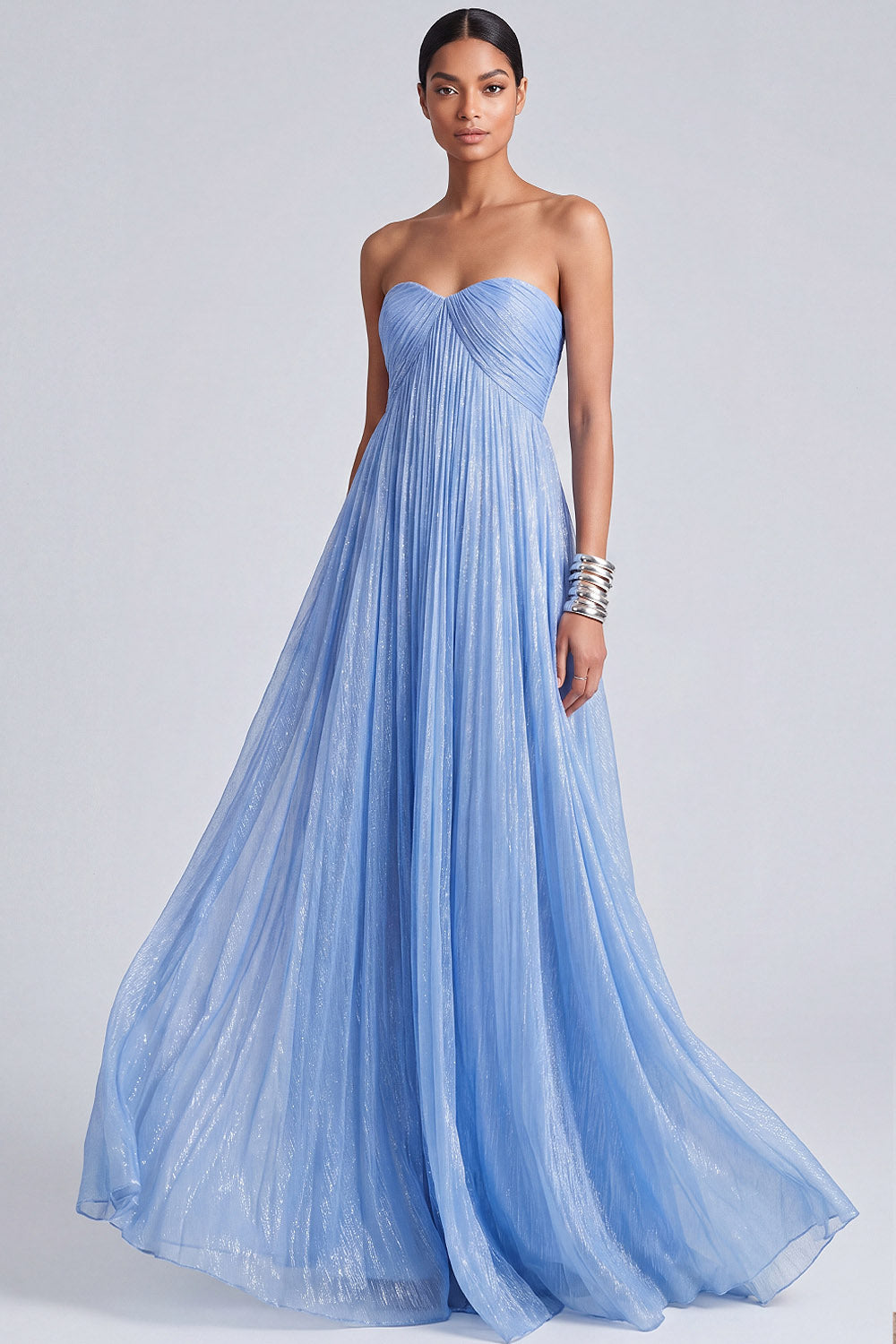 Glitter Blue A Line Sweetheart Pleated High Waist Long Formal Dress