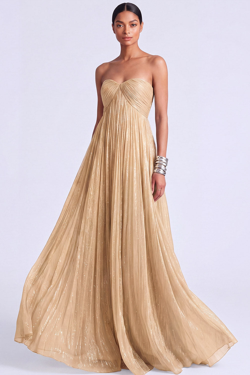 Glitter Blue A Line Sweetheart Pleated High Waist Long Formal Dress