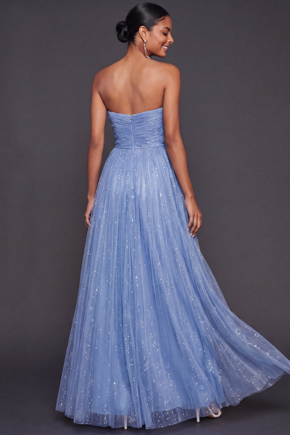 Glitter Blue Strapless Pleated A Line Maxi Formal Dress