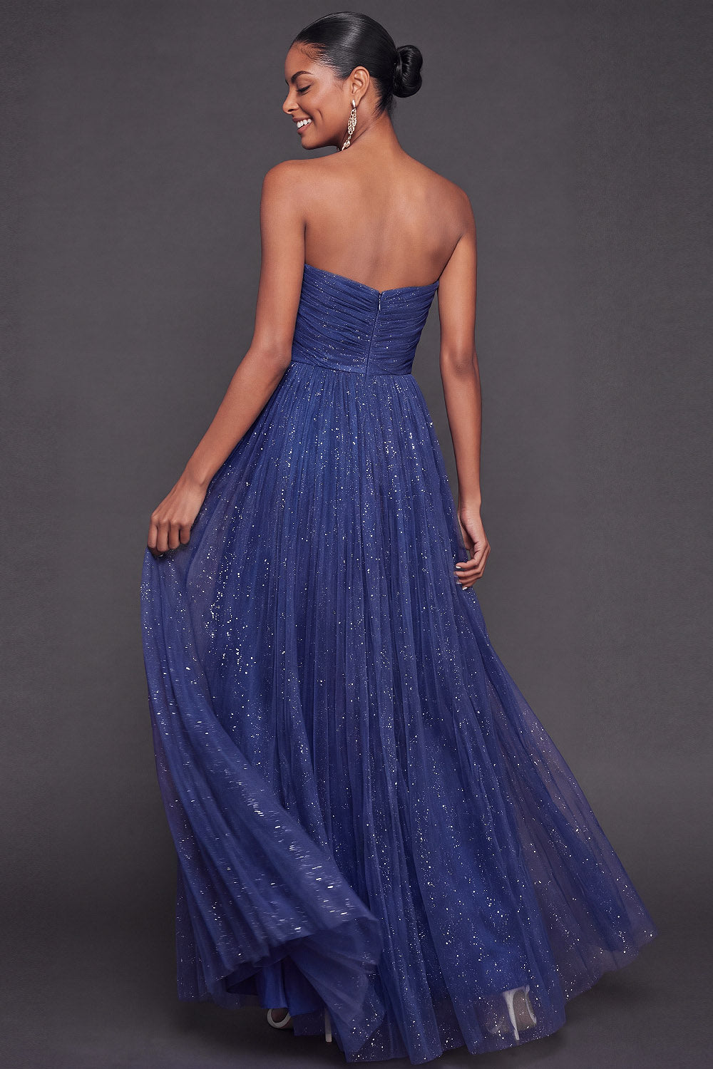 Glitter Blue Strapless Pleated A Line Maxi Formal Dress