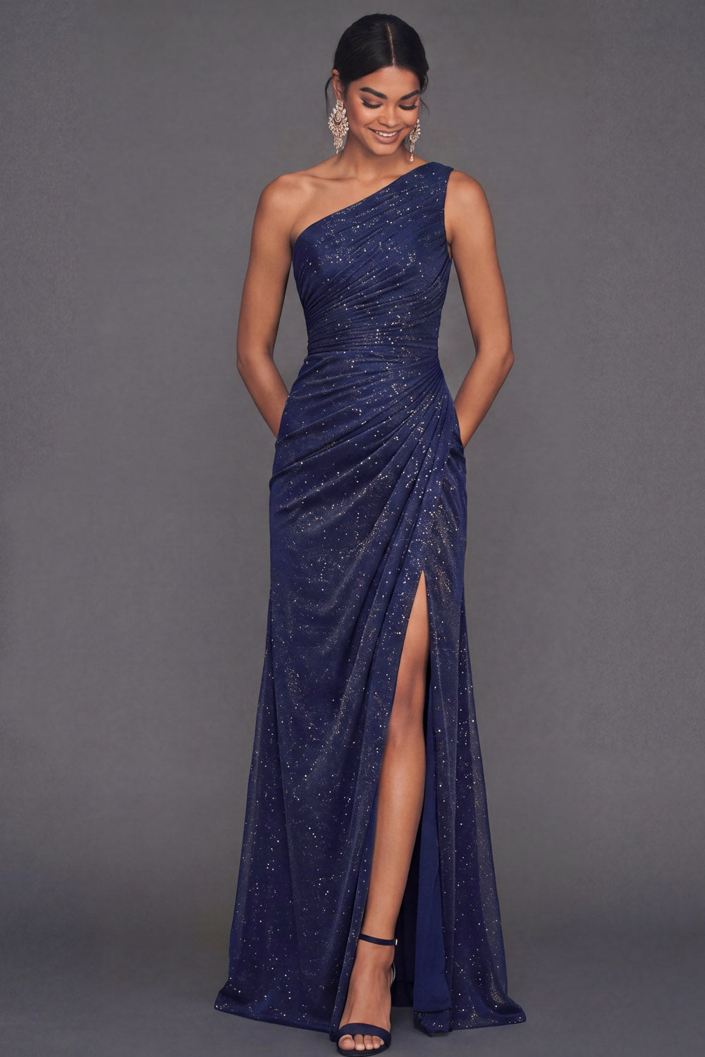 Glitter Navy One Shoulder Ruched Mermaid Maxi Formal Dress with Slit