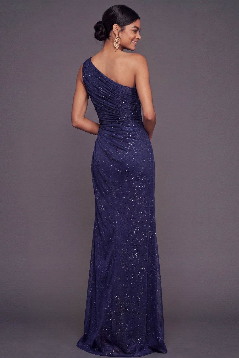 Glitter Navy One Shoulder Ruched Mermaid Maxi Formal Dress with Slit