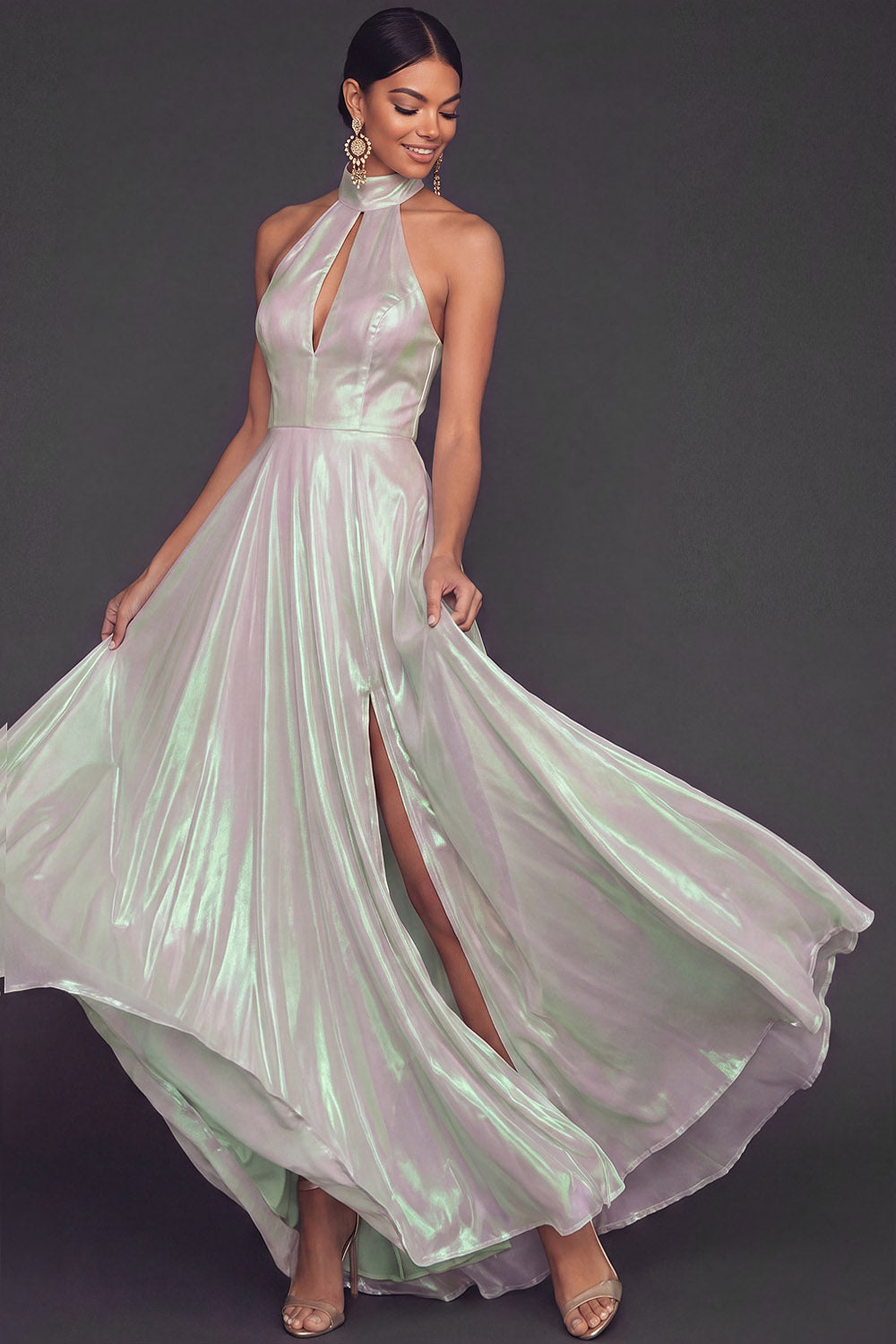 Glitter White Halter A Line Keyhole Maxi Formal Dress with Slit