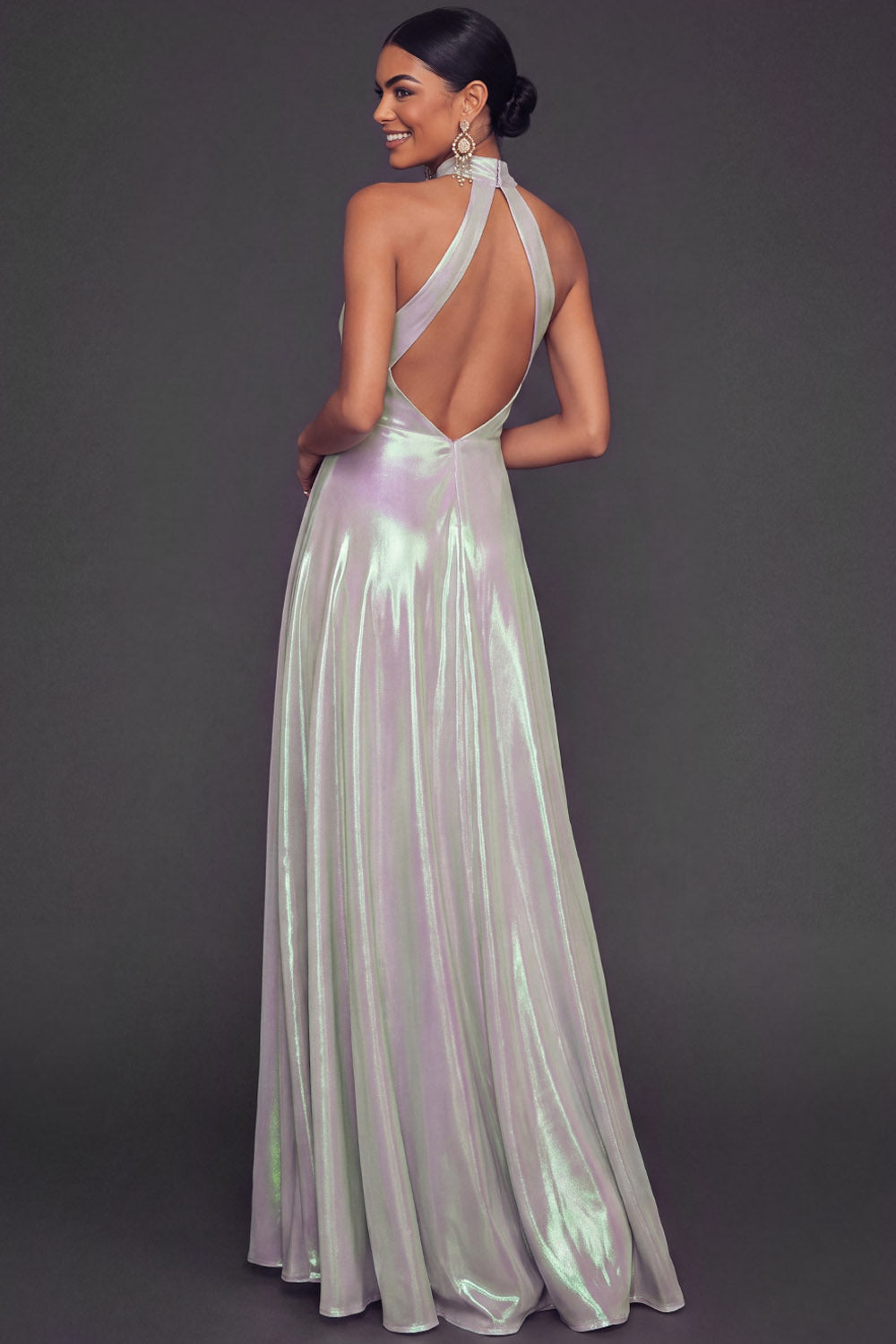 Glitter White Halter A Line Keyhole Maxi Formal Dress with Slit