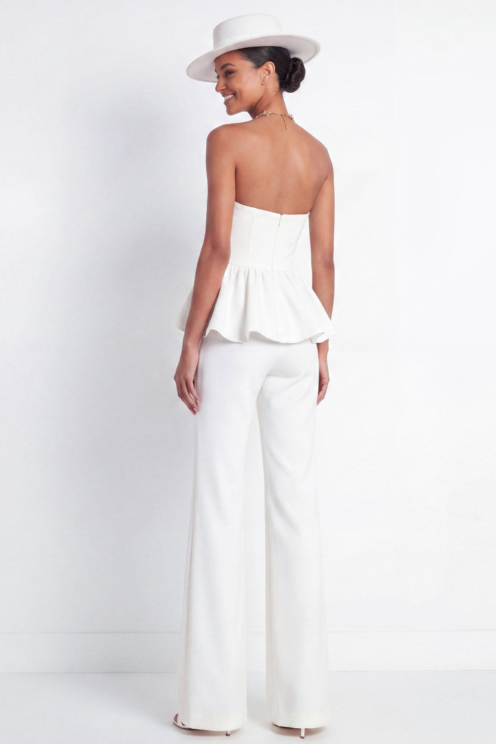 2 Piece White Sweetheart Long Wedding Pant Suits with Ruffles