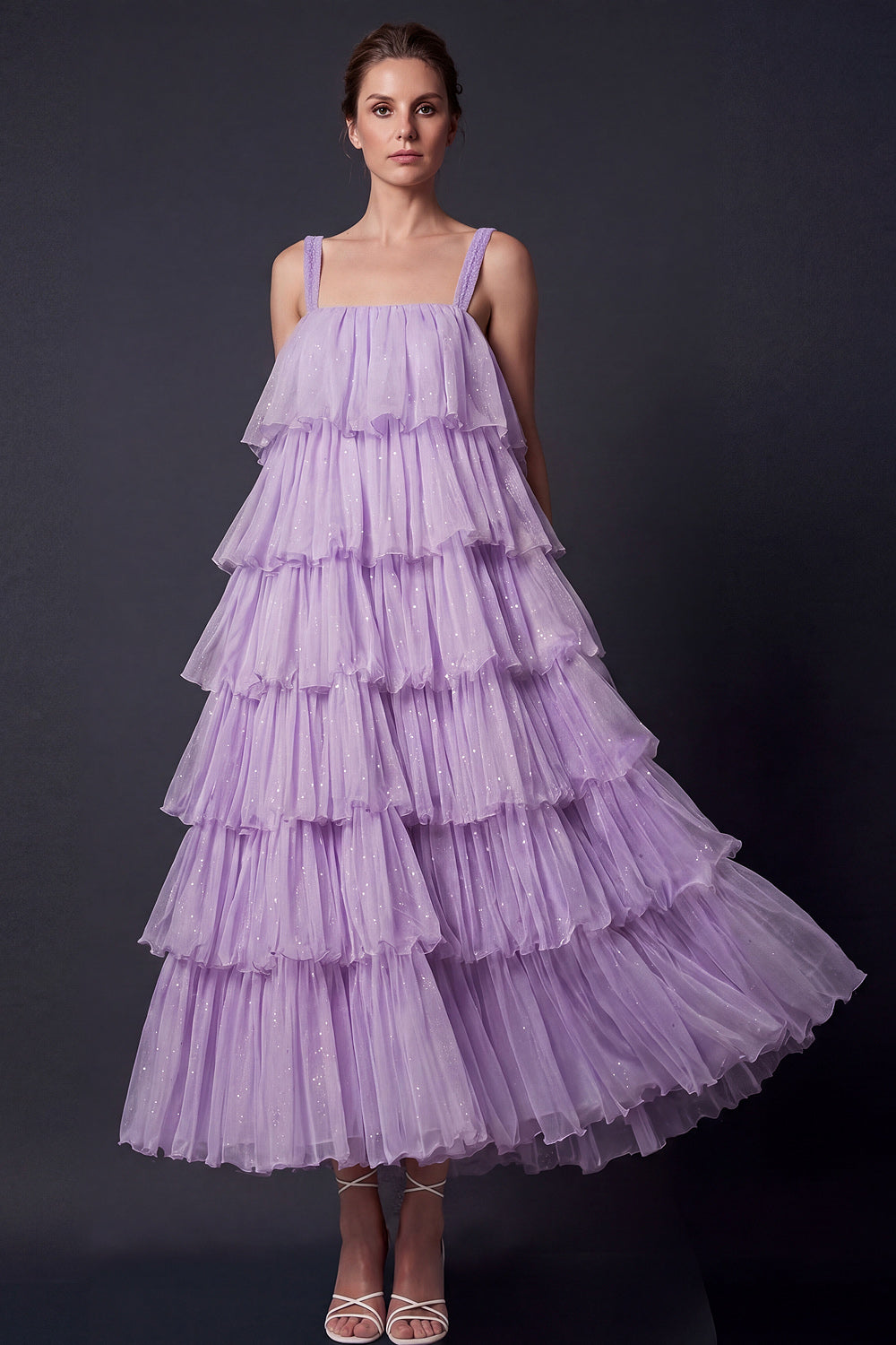A Line Lilac Tiered Sparkly Long Formal Dress