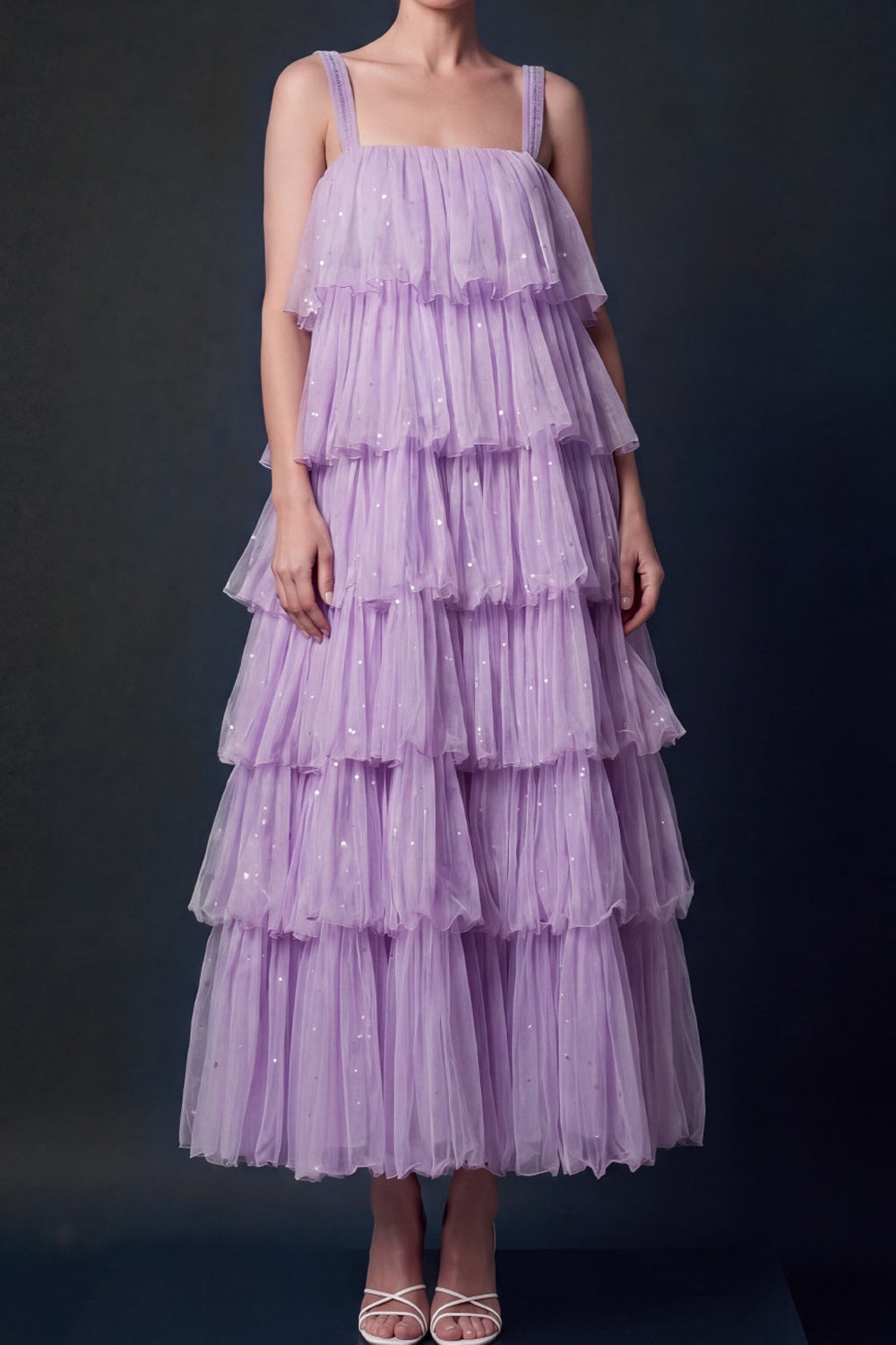 A Line Lilac Tiered Sparkly Long Formal Dress